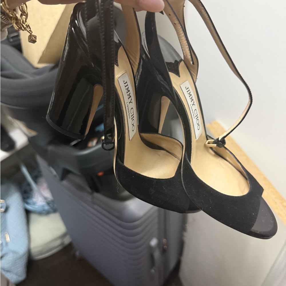 Jimmy Choo Black Patent Leather Heels with suede/velvet peep toe 36